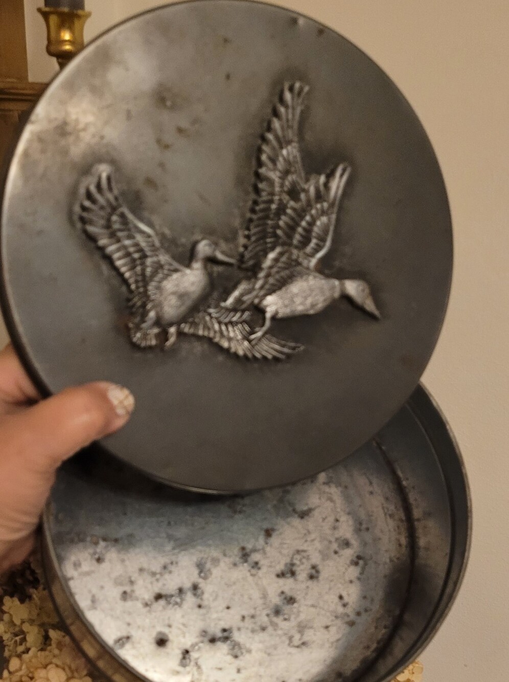 Embossed Flying Ducks Round Metal Storage Tin - Black